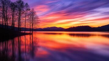 A serene sunset over a lake with vibrant colors reflecting on the water photo