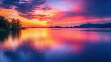 A serene sunset over a tranquil lake, reflecting vibrant colors in the water photo