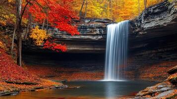 A serene waterfall surrounded by vibrant autumn foliage and a tranquil pool photo