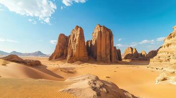 A stunning desert landscape with towering rock formations and sandy dunes under a clear blue sky photo