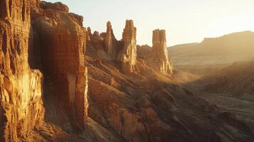 A stunning landscape featuring towering rock formations illuminated by sunset photo