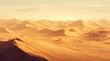 A vast desert landscape with rolling sand dunes under a warm, golden light photo
