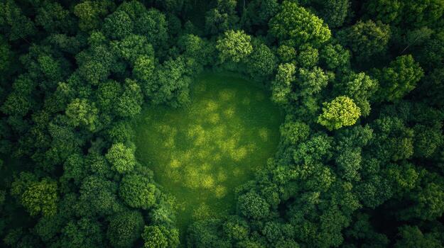 aéreo ver de un circular claro rodeado por denso verde bosque foto