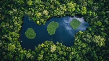 Aerial view of a serene forested landscape with a dark pond and lily pads. photo