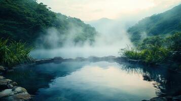 Serene hot spring surrounded by lush mountains and misty atmosphere photo