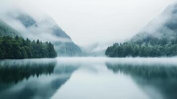 Serene lake surrounded by misty mountains and lush trees, creating a tranquil atmosphere. photo
