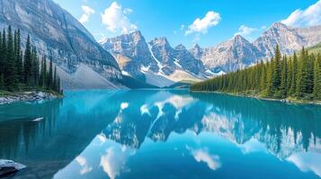 Serene mountain landscape with a clear blue lake and reflections under a bright sky. photo