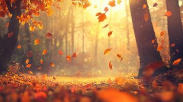 A serene autumn scene with falling leaves and warm sunlight filtering through trees photo
