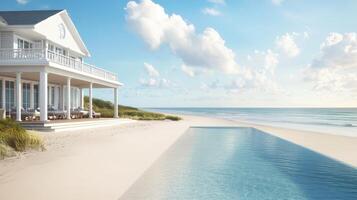 A serene beach house with a pool overlooking the ocean photo