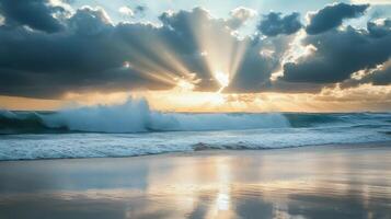 A serene beach scene at sunset with waves crashing and rays of light breaking through clouds photo