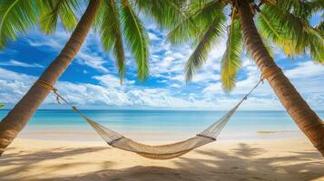 A serene beach scene featuring a hammock between palm trees and a calm ocean backdrop photo