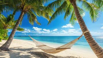 A serene beach scene with a hammock between palm trees under a clear blue sky photo