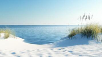 A serene beach scene with calm waters and gentle dunes adorned with grass photo