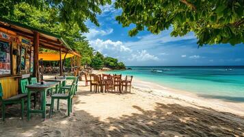 A serene beach scene with chairs, tables, and clear waters under a blue sky photo