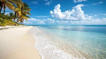 A serene beach scene with clear water, soft sand, and palm trees under a bright sky photo