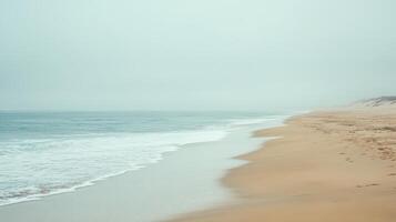 A serene beach scene with gentle waves and a foggy atmosphere photo