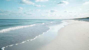 A serene beach scene with gentle waves lapping at the shore under a bright sky photo