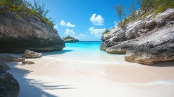 A serene beach scene with turquoise waters and rocky cliffs under a clear blue sky photo