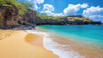 A serene beach scene with turquoise water and rocky cliffs under a bright sky photo