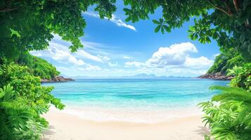 A serene beach view framed by lush greenery and clear blue waters under a bright sky photo
