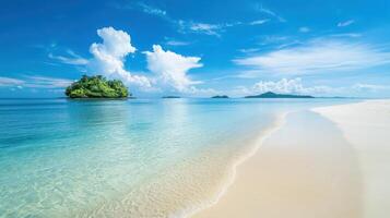 A serene beach with clear water and lush islands under a bright blue sky photo