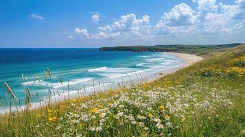 A serene coastal landscape featuring waves, sandy beach, and vibrant wildflowers photo
