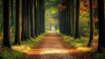 A serene forest path lined with trees and autumn foliage, inviting tranquility and exploration photo