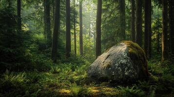A serene forest scene featuring a large moss-covered rock surrounded by tall trees photo