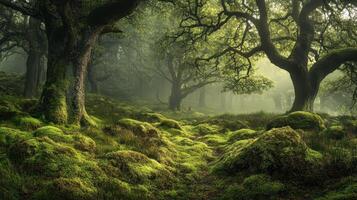 A serene forest scene with lush greenery and mist, inviting tranquility and exploration photo