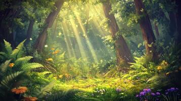 A serene forest scene with sunlight filtering through trees, highlighting vibrant flora photo