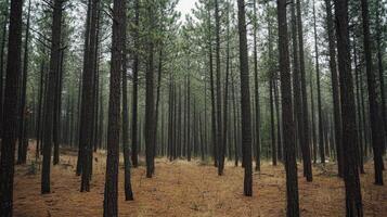 A serene forest scene with tall pine trees and a carpet of pine needles on the ground photo