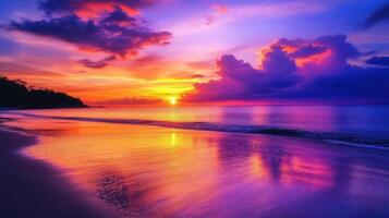 A serene sunset over a tranquil beach, with vibrant colors reflecting on the water photo