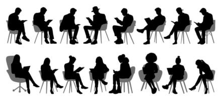 A collection of black silhouette illustrations depicting people sitting on chairs while reading or using devices. vector