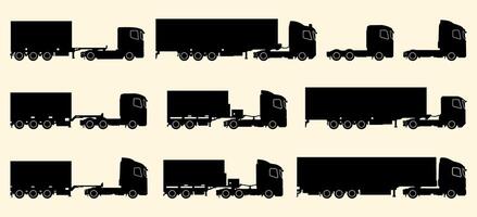 A collection of black silhouette illustrations of various truck and trailer configurations on a light background. vector
