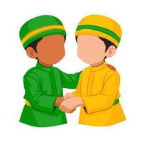 Ied Mubarak celebration. Two boys in traditional Islamic attire warmly shake hands, symbolizing friendship, unity, and respect. vector