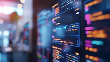 Coding on a large monitor in a modern office photo