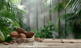 Cocoa beans on rustic wooden table, lush jungle backdrop photo