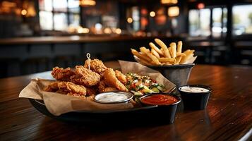 Crispy fried appetizers, fries, and a side salad on a table photo