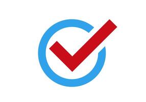 Red checkmark inside blue circle icon for selection and approval vector