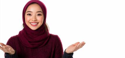 Smiling woman in hijab presenting. photo