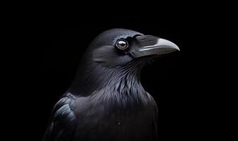 A black crow is standing in front of a black background photo
