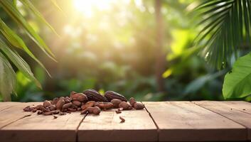 Cocoa beans on wooden table in jungle setting photo