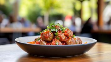 Delicious meatballs in rich tomato sauce, garnished with fresh parsley, served in a dark bowl on a wooden table. photo