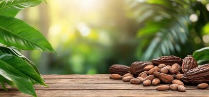 Cocoa beans and pods on rustic wooden table in lush tropical setting photo