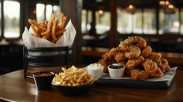 Crispy fries and tenders on a table photo