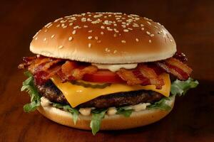 A hamburger with bacon, cheese and lettuce photo