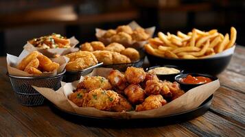 Variety of fried appetizers and sides. Assorted crispy snacks, including french fries, chicken tenders, and onion rings photo
