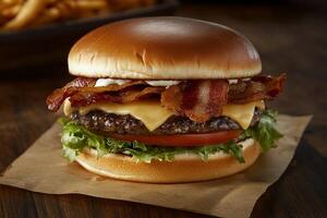 Classic bacon cheeseburger on a bun. Fresh, juicy burger topped with crispy bacon, melted cheese, lettuce, and tomato. Served on a toasted bun photo