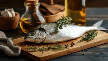 Fresh fish ready for cooking. Aromatic herbs and spices photo
