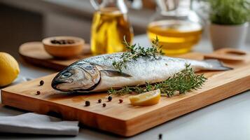 A fish on a cutting board with herbs and spices photo